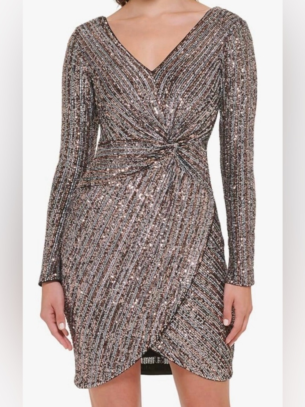 NWT GUESS Size 2 Sequin Twist-Front Long Sleeve Bodycon Dress - Bronze / Silver